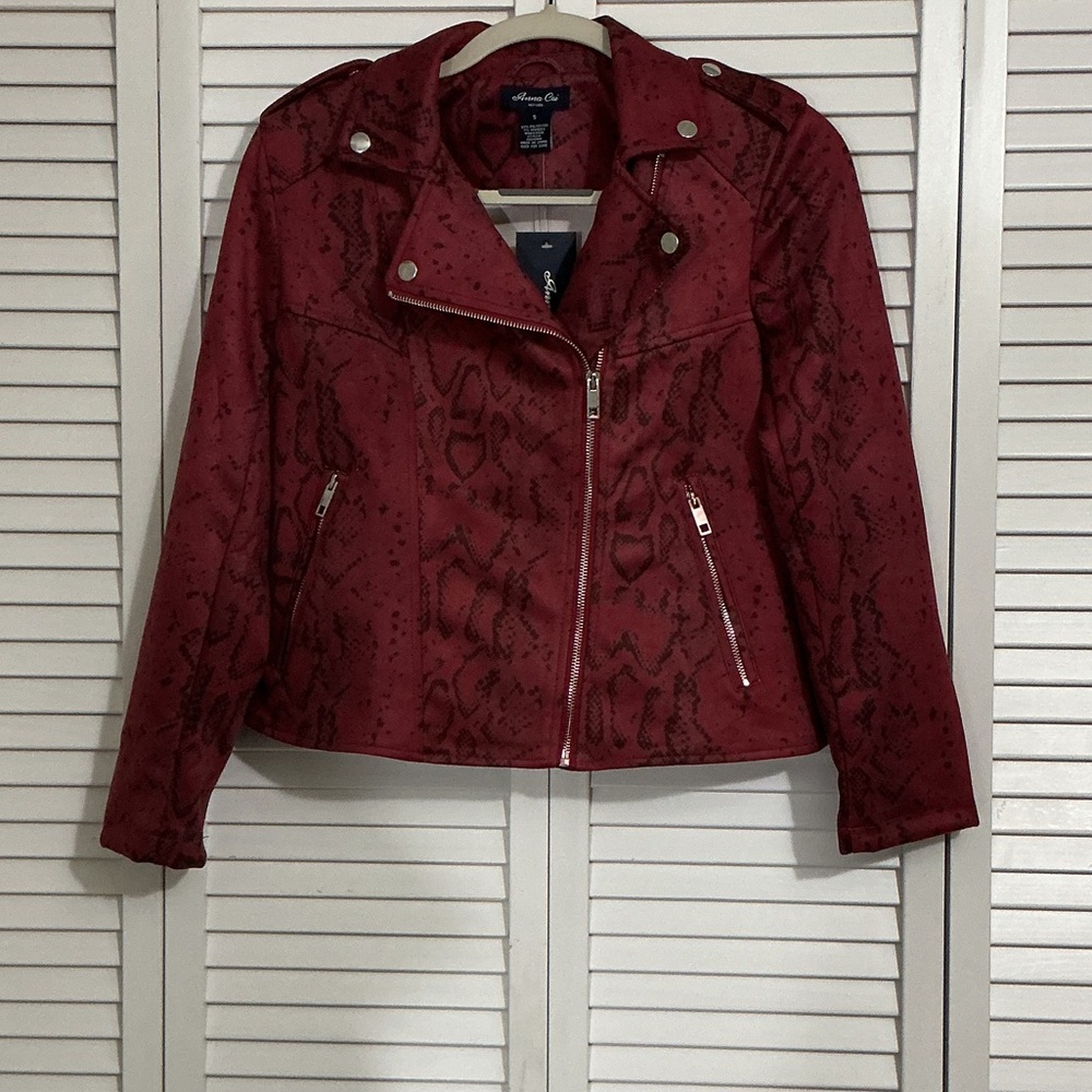 Avenue Burgundy Snake-Print Faux Leather Moto Jacket